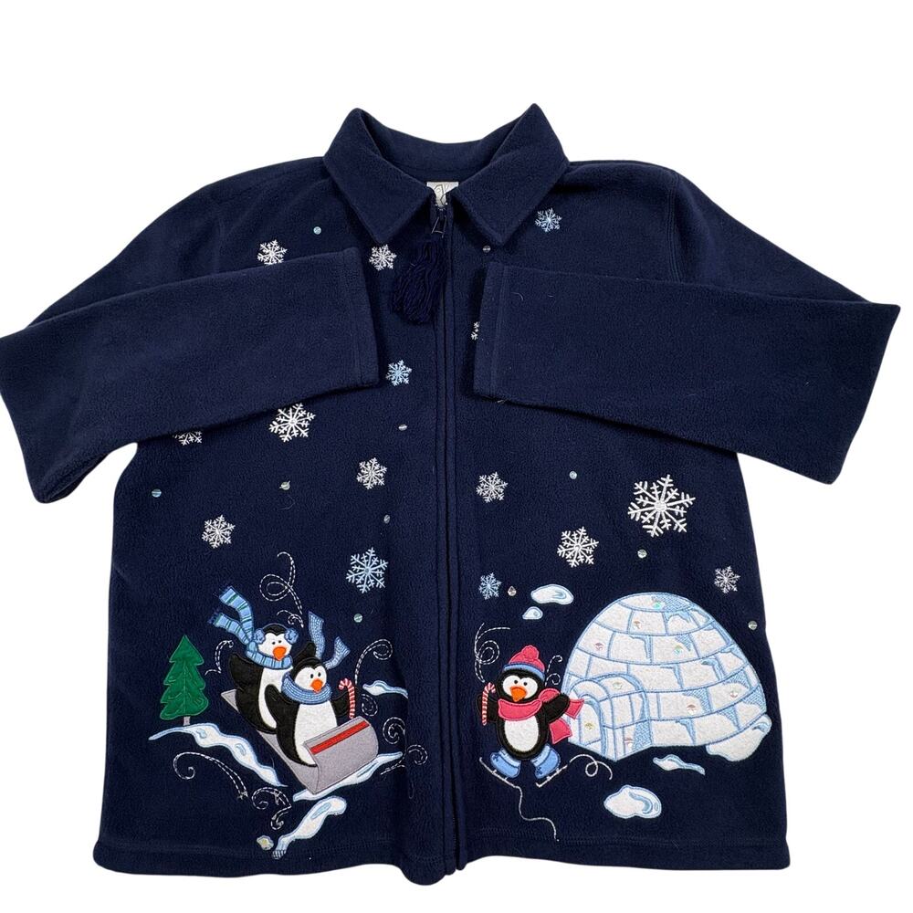 Vintage Fashion Bug Embroidered Winter Fleece Jacket Women's XL Navy